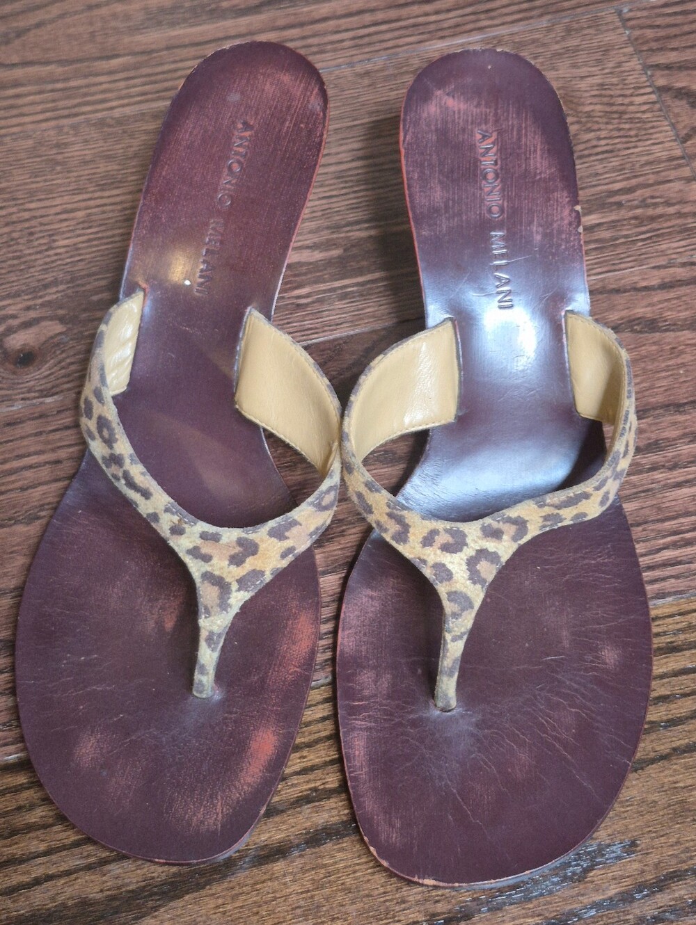 ANTONIO MELANI Leopard Print & Brown Leather Thong Sandals